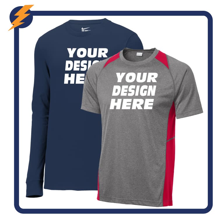 Moisture wicking t shirts with printed designs for athletic teams, outdoor work, and performance apparel
