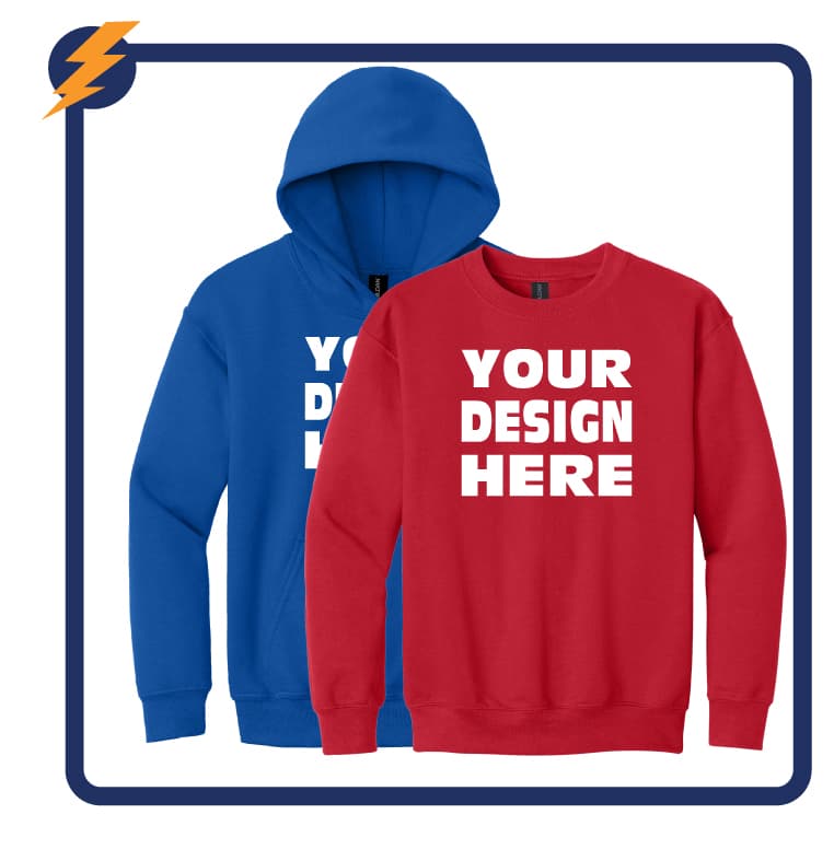 Custom kids hoodies and sweatshirts in blue and red with printed design for schools, teams, and events