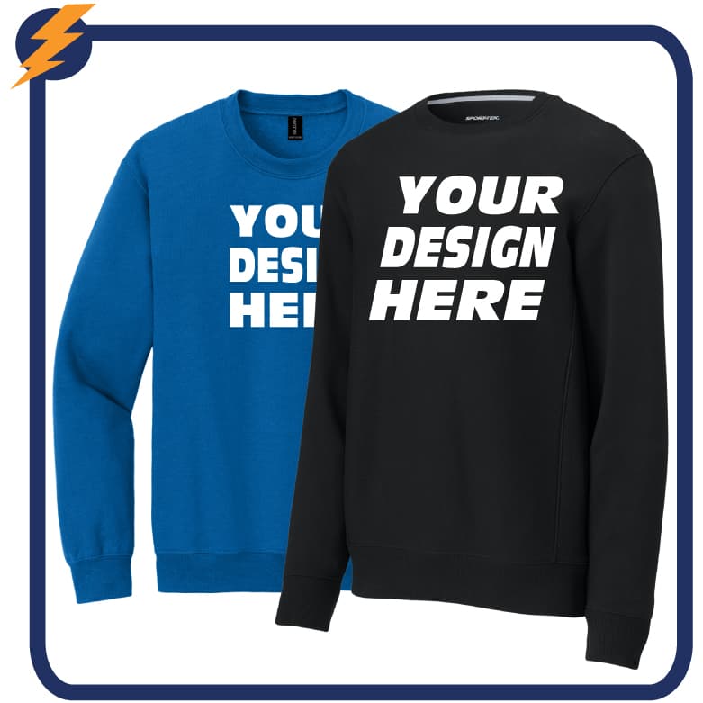 Custom crewneck sweatshirts in multiple colors with printed designs for businesses, teams, and events