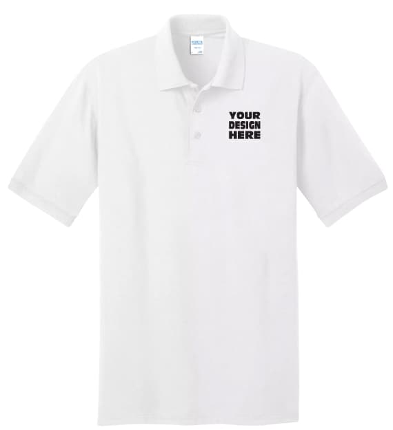 Budget custom printed blue polo shirt with logo for cost-effective business and team apparel