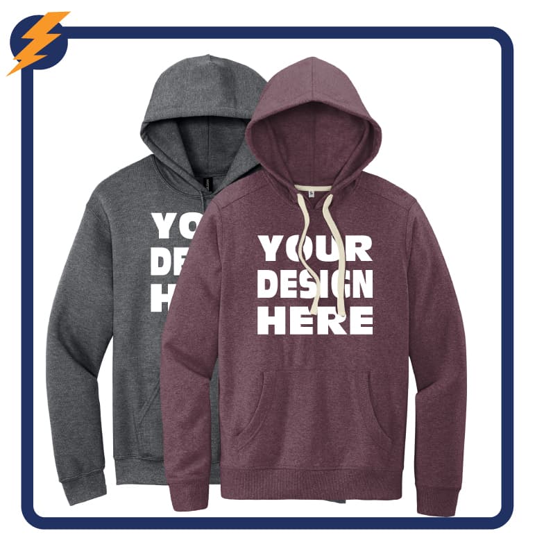 Custom hoodies in multiple colors with printed designs for businesses, teams, and group apparel