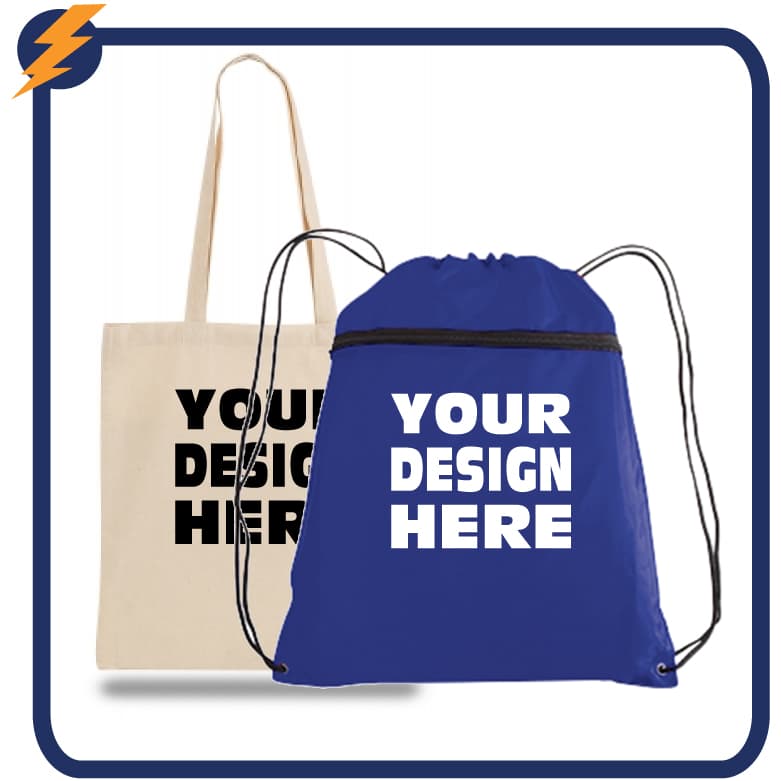Custom printed tote bags and drawstring bags with logo for events and promotions