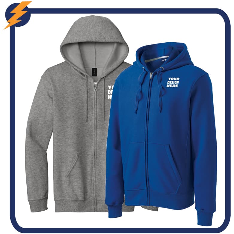 Custom zip up sweatshirts in multiple colors with printed designs for businesses, teams, and events