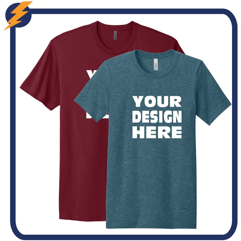 Custom printed t-shirts in multiple styles including budget, premium, and specialty shirts for groups