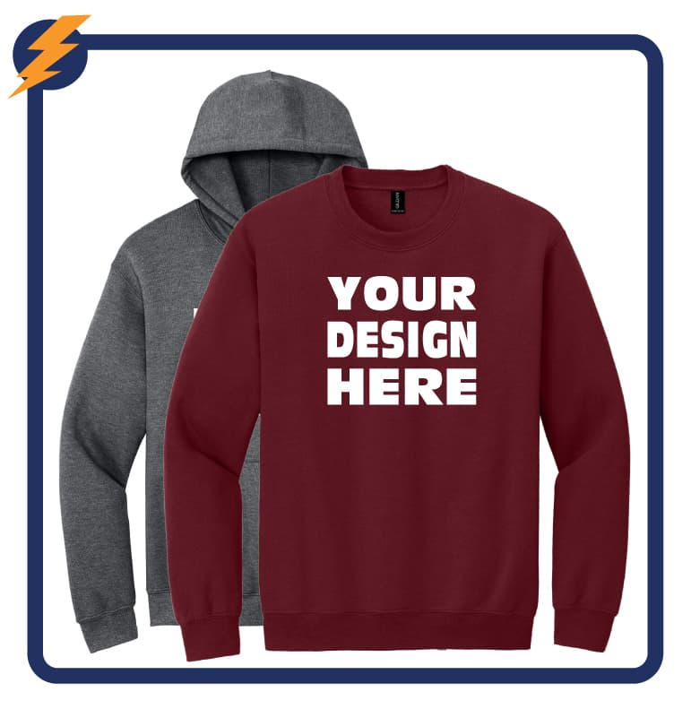 Custom sweatshirts including hoodies and crewnecks in multiple colors for businesses, teams, and events