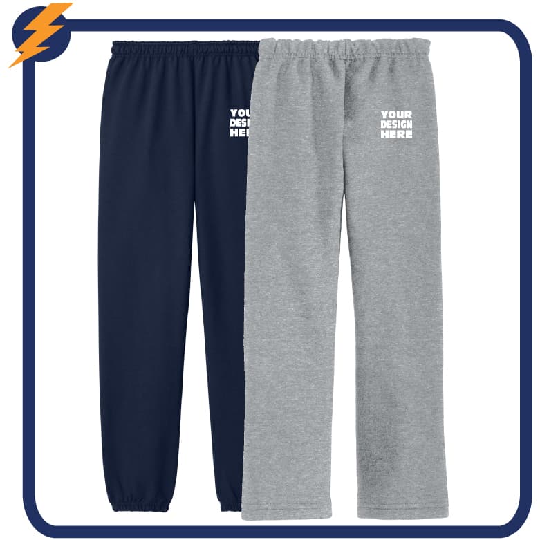 Custom sweatpants and joggers in multiple colors with printed designs for teams, events, and casual wear