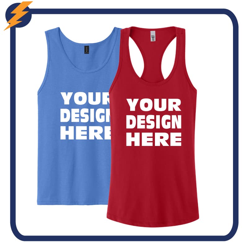 Custom tank tops in blue and red with placeholder design text for printing and branding