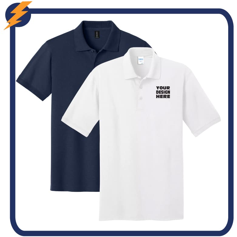 Custom polo shirts in navy and white with embroidered logo for business uniforms and teams