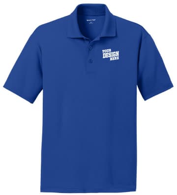 Blue moisture wicking custom printed polo shirt with logo for breathable workwear and team apparel