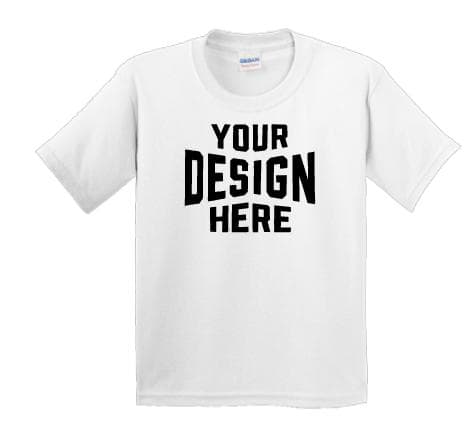 White kids custom t-shirt with bold front design for schools, camps, and youth groups