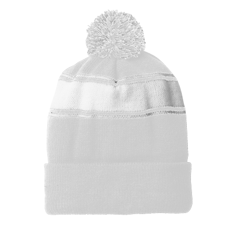 Sport-Tek STC28 Stripe Pom Pom Beanie - White Stripes STC28MC