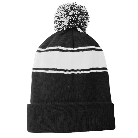 Sport-Tek STC28 Stripe Pom Pom Beanie - Black Body STC28BL